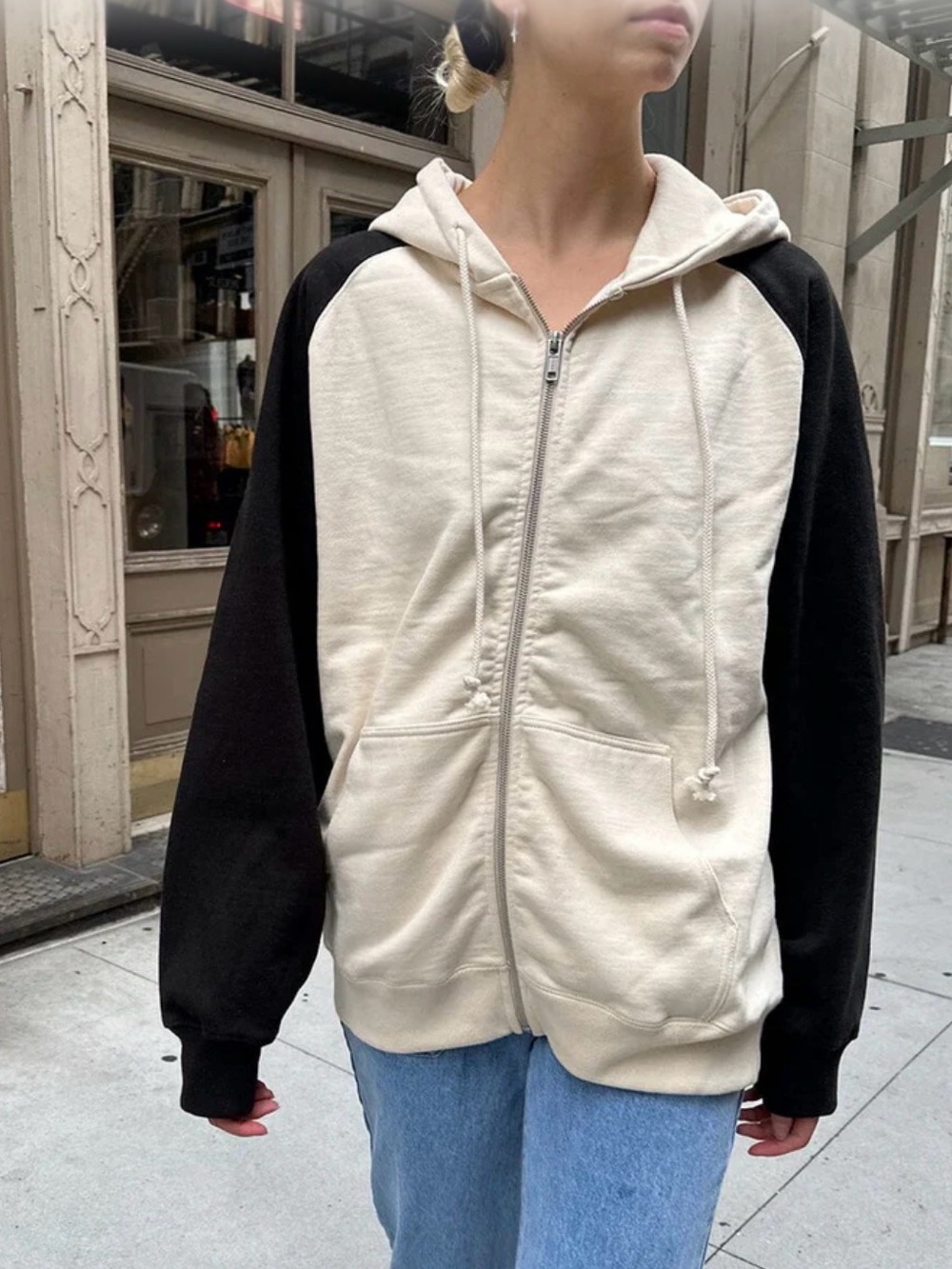 Brandy Melville Cream and Black Colorblock Hoodie NWOT - Picture 2 of 5